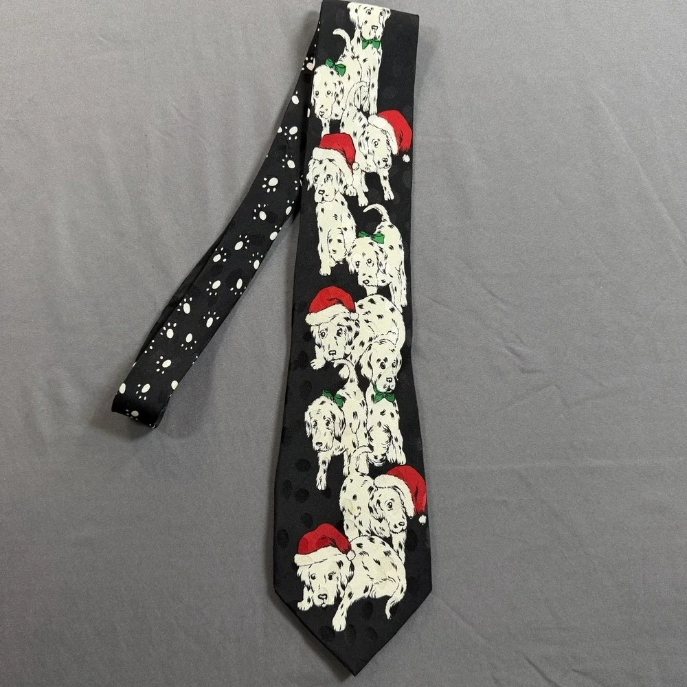 Vintage Addiction Mens Black Silk Neck Tie Dalmatian Puppies Christmas Santa Hat